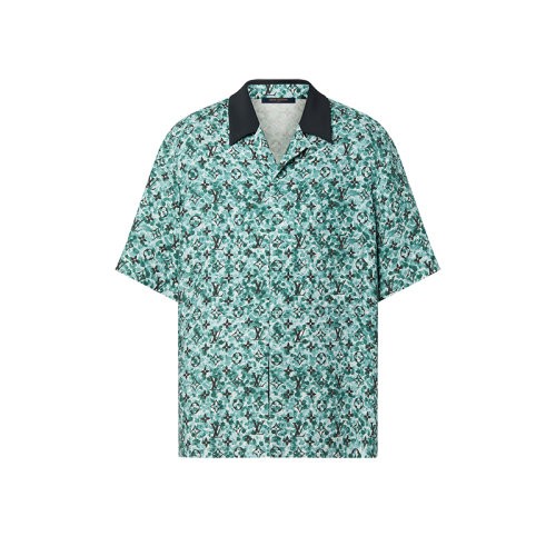 【服装】衣服/LV/路易威登 24新款 男士雾蓝色棉混纺绉纱老花图案衬衫1ABJBD